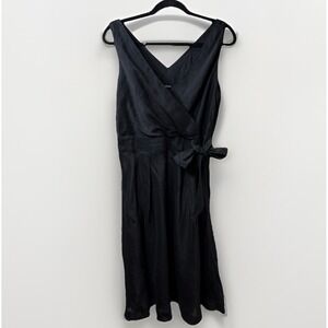 J PETERMAN Dress Sz 12 Black Midi Linen/Silk Faux Wrap Cocktail Natural Fibers